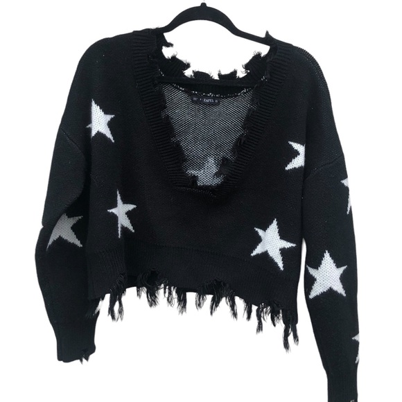 Zaful Black Star Distressed Cropped Fringed Sweater Medium - Picture 5 of 5